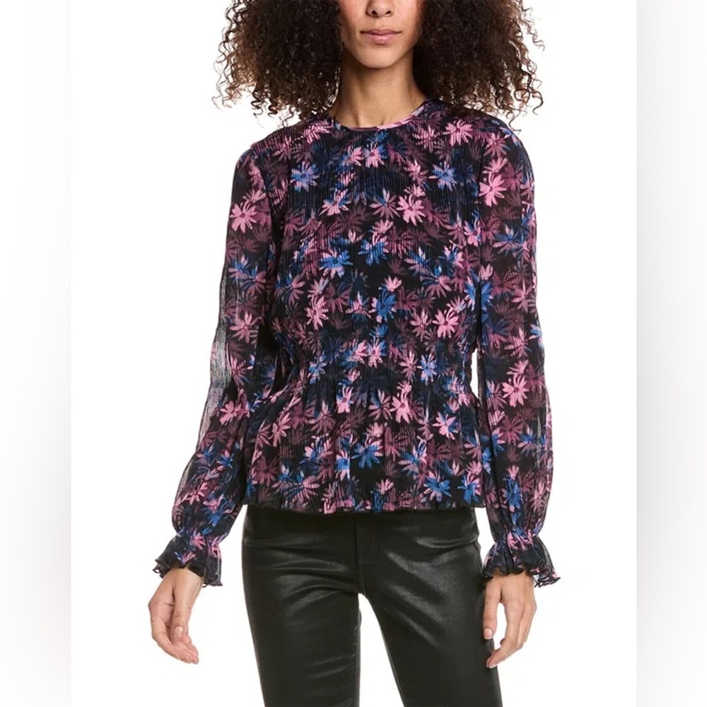 Ganni Pleated Georgette Smock Blouse In Purple Blue Floral Size XS